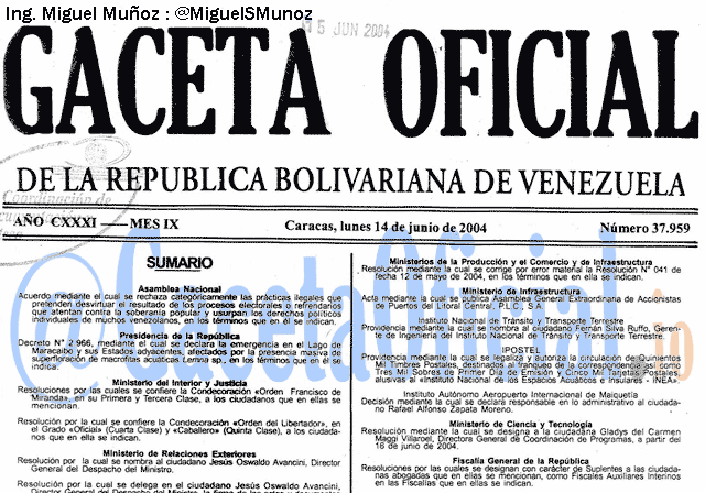 Gaceta Oficial 37959 del 14 Junio 2004
