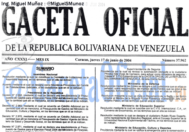 Gaceta Oficial 37962 del 17 Junio 2004