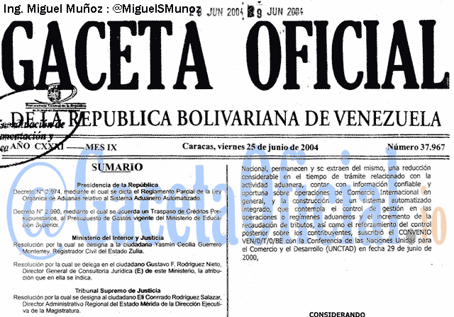 Gaceta Oficial 37967 del 25 Junio 2004