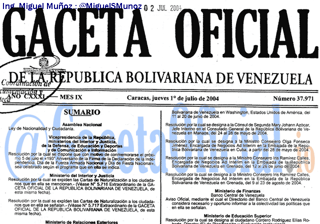 Gaceta Oficial 37971 del 1 Julio 2004