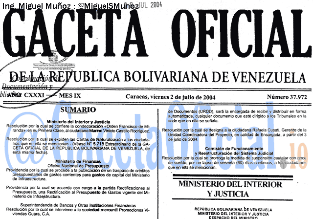 Gaceta Oficial 37972 del 2 Julio 2004