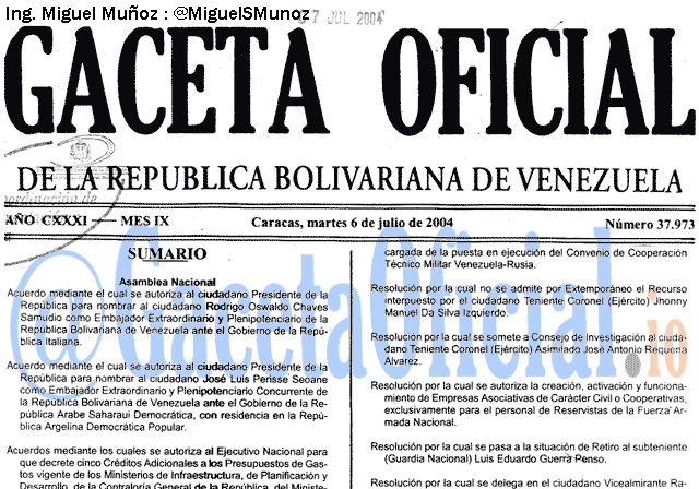 Gaceta Oficial 37973 del 6 Julio 2004