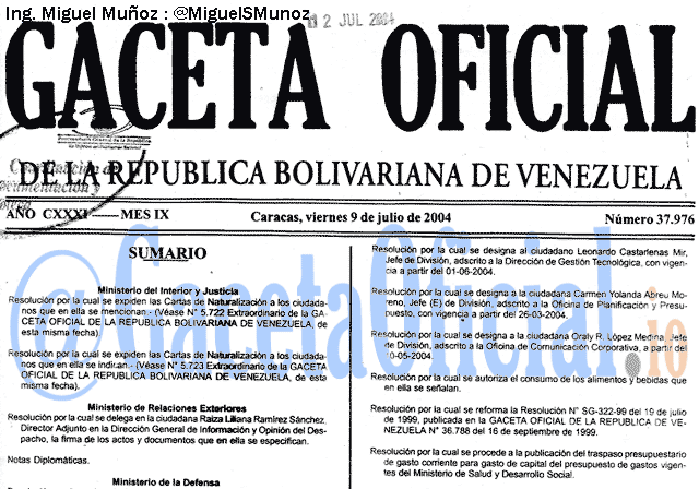 Gaceta Oficial 37976 del 9 Julio 2004