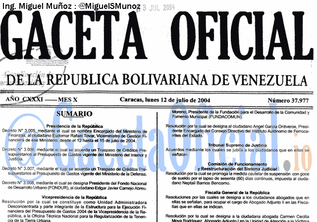 Gaceta Oficial 37977 del 12 Julio 2004