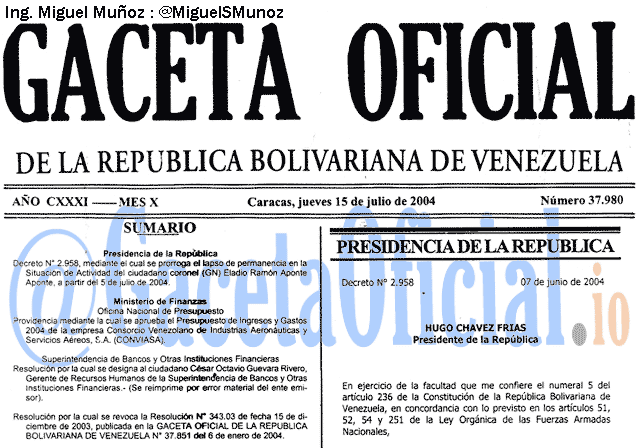 Gaceta Oficial 37980 del 15 Julio 2004