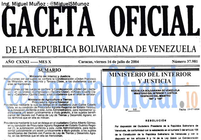 Gaceta Oficial 37981 del 16 Julio 2004