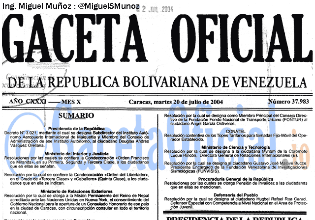 Gaceta Oficial 37983 del 20 Julio 2004