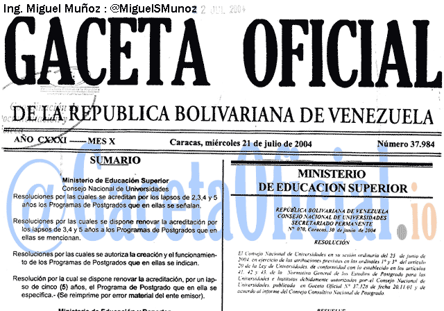 Gaceta Oficial 37984 del 21 Julio 2004