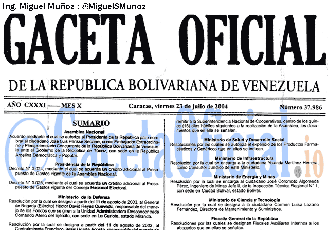Gaceta Oficial 37986 del 23 Julio 2004