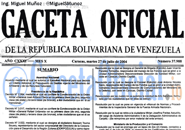 Gaceta Oficial 37988 del 27 Julio 2004