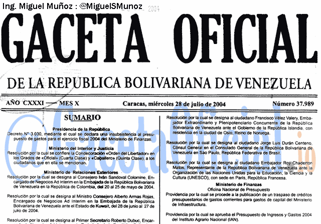Gaceta Oficial 37989 del 28 Julio 2004