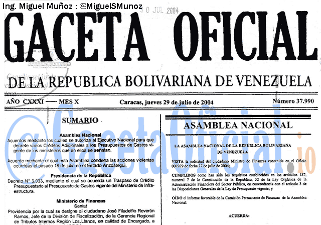 Gaceta Oficial 37990 del 29 Julio 2004