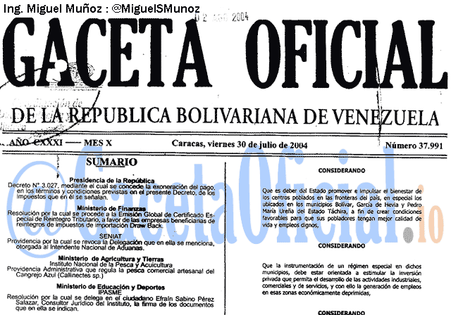 Gaceta Oficial 37991 del 30 Julio 2004
