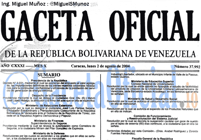 Gaceta Oficial 37992 del 2 Agosto 2004