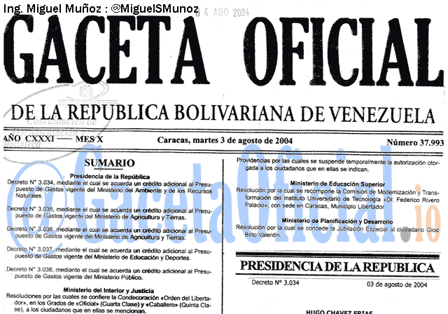 Gaceta Oficial 37993 del 3 Agosto 2004