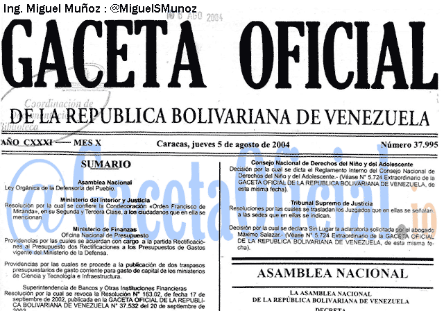 Gaceta Oficial 37995 del 5 Agosto 2004