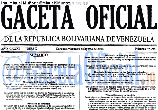 Gaceta Oficial 37996 del 6 Agosto 2004