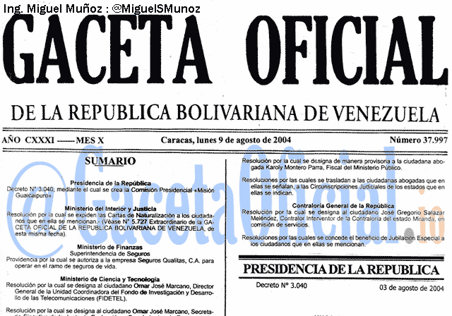 Gaceta Oficial 37997 del 9 Agosto 2004