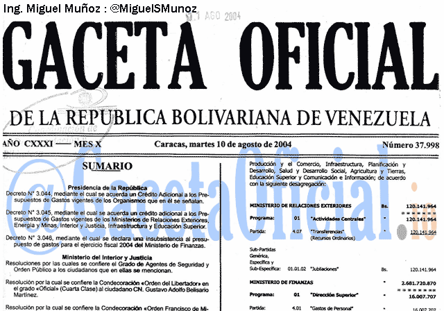 Gaceta Oficial 37998 del 10 Agosto 2004