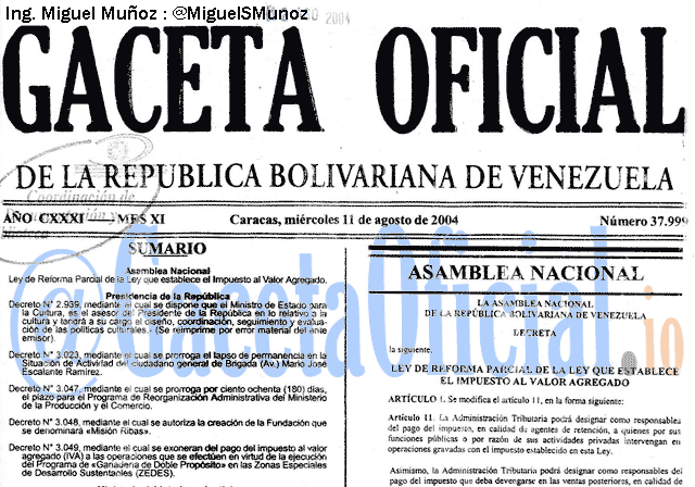 Gaceta Oficial 37999 del 11 Agosto 2004