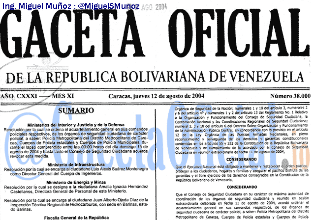 Gaceta Oficial 38000 del 12 Agosto 2004