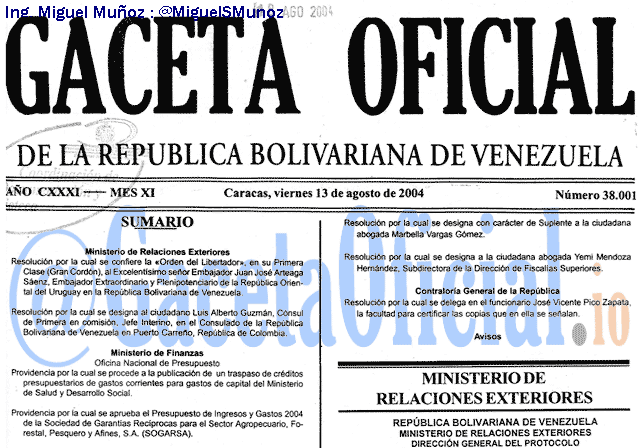 Gaceta Oficial 38001 del 13 Agosto 2004