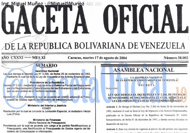 Gaceta Oficial 38002 del 17 Agosto 2004