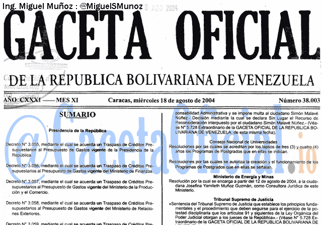 Gaceta Oficial 38003 del 18 Agosto 2004