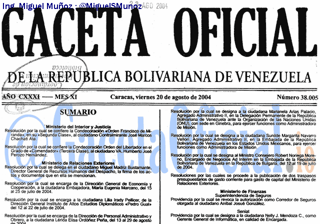 Gaceta Oficial 38005 del 20 Agosto 2004