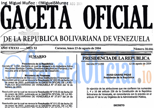 Gaceta Oficial 38006 del 23 Agosto 2004
