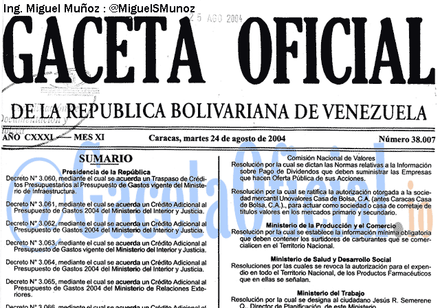 Gaceta Oficial 38007 del 24 Agosto 2004
