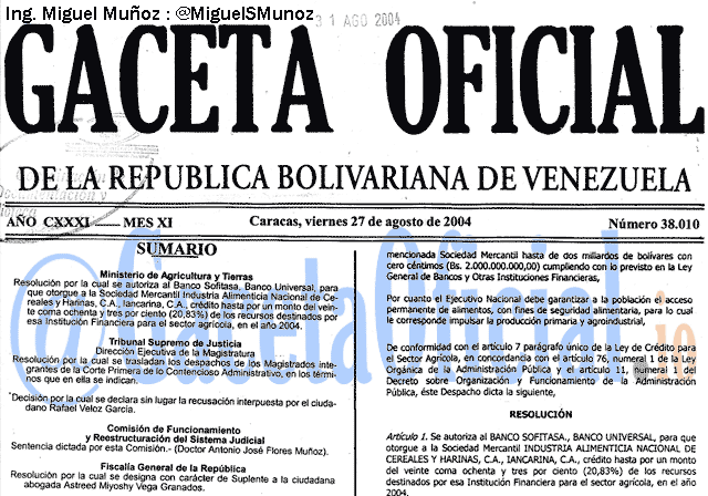 Gaceta Oficial 38010 del 27 Agosto 2004