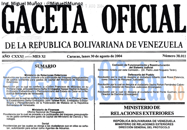 Gaceta Oficial 38011 del 30 Agosto 2004