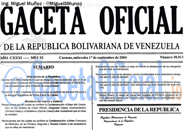 Gaceta Oficial 38013 del 1 Septiembre 2004