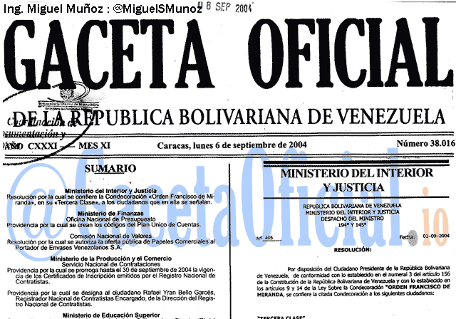 Gaceta Oficial 38016 del 6 Septiembre 2004