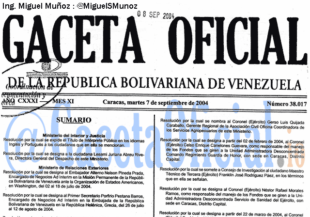 Gaceta Oficial 38017 del 7 Septiembre 2004