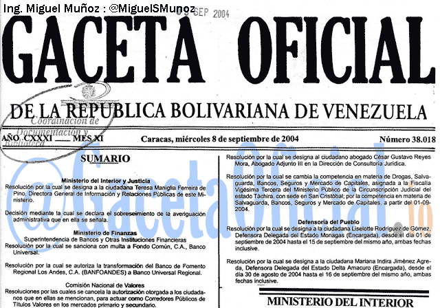 Gaceta Oficial 38018 del 8 Septiembre 2004