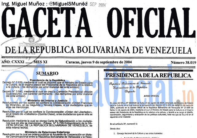Gaceta Oficial 38019 del 9 Septiembre 2004