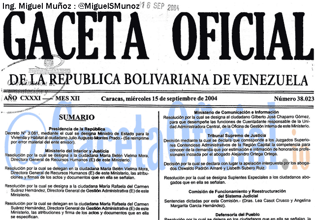 Gaceta Oficial 38023 del 15 Septiembre 2004