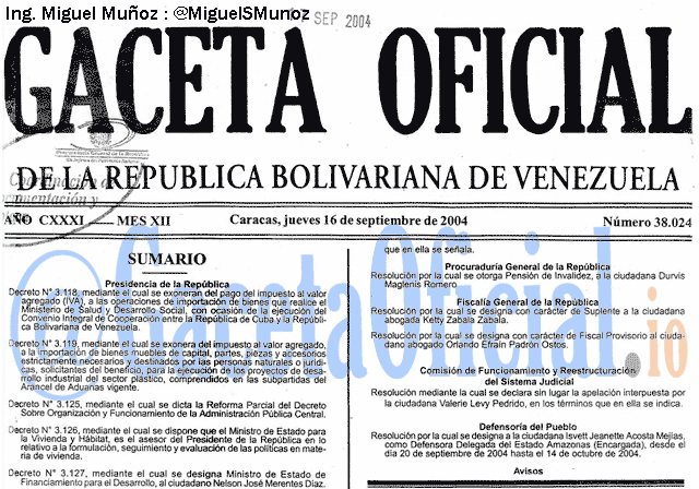 Gaceta Oficial 38024 del 16 Septiembre 2004