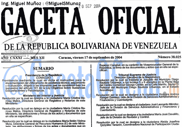 Gaceta Oficial 38025 del 17 Septiembre 2004