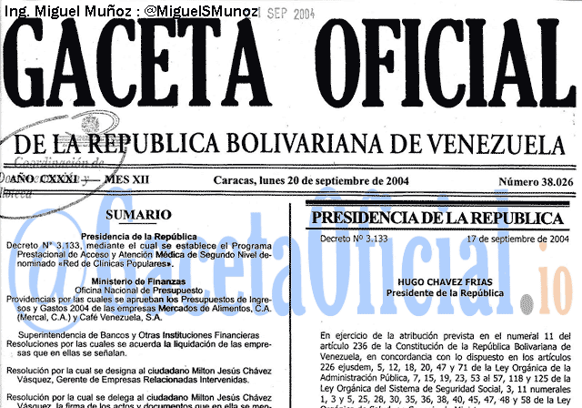 Gaceta Oficial 38026 del 20 Septiembre 2004