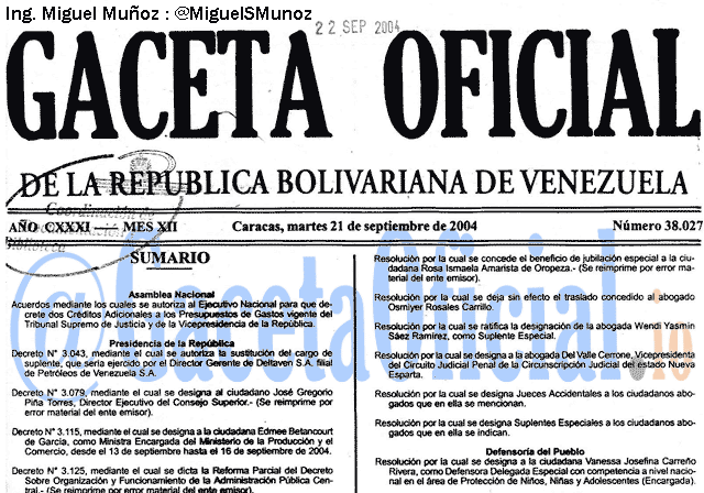 Gaceta Oficial 38027 del 21 Septiembre 2004