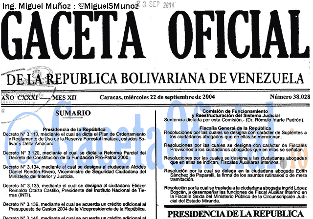 Gaceta Oficial 38028 del 22 Septiembre 2004