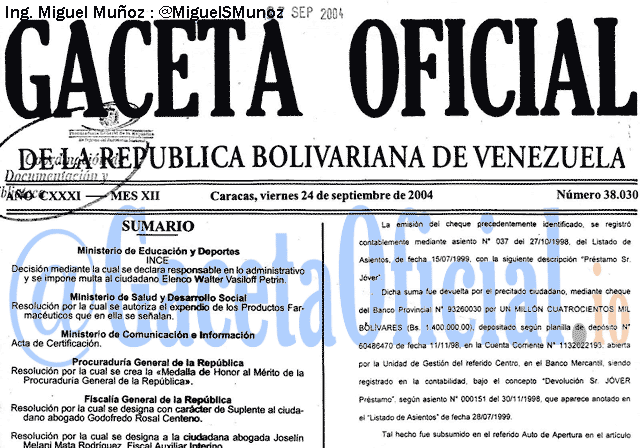 Gaceta Oficial 38030 del 24 Septiembre 2004