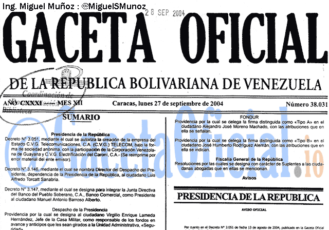 Gaceta Oficial 38031 del 27 Septiembre 2004