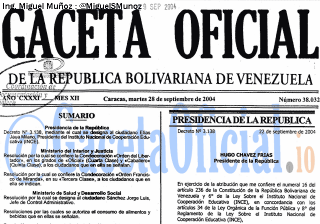 Gaceta Oficial 38032 del 28 Septiembre 2004