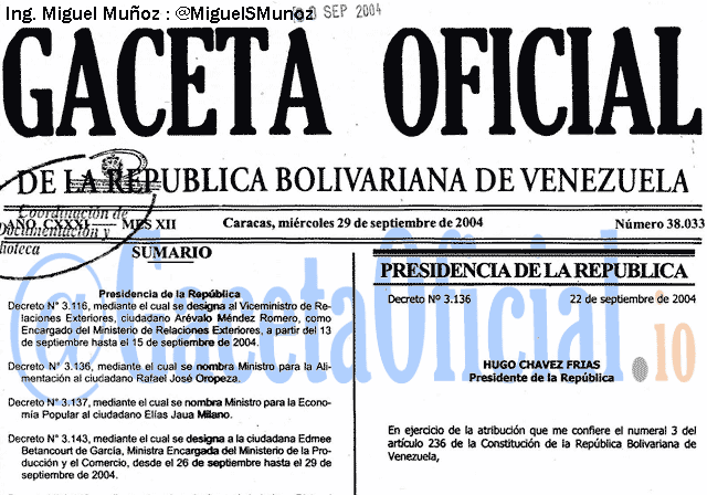 Gaceta Oficial 38033 del 29 Septiembre 2004