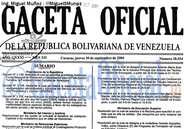 Gaceta Oficial 38034 del 30 Septiembre 2004