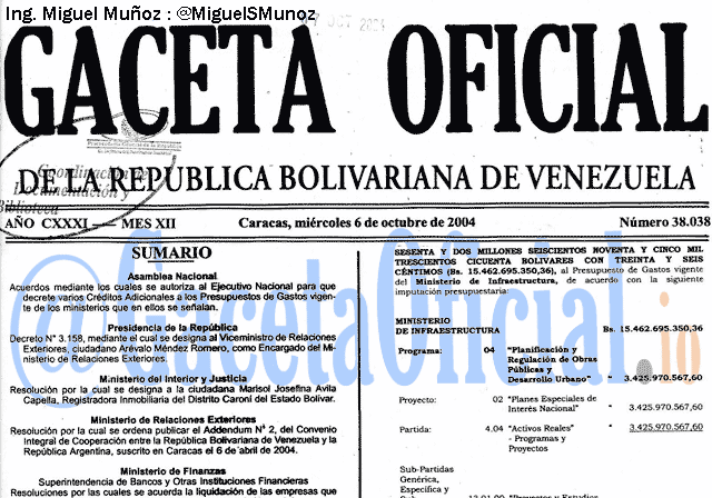 Gaceta Oficial 38038 del 6 Octubre 2004